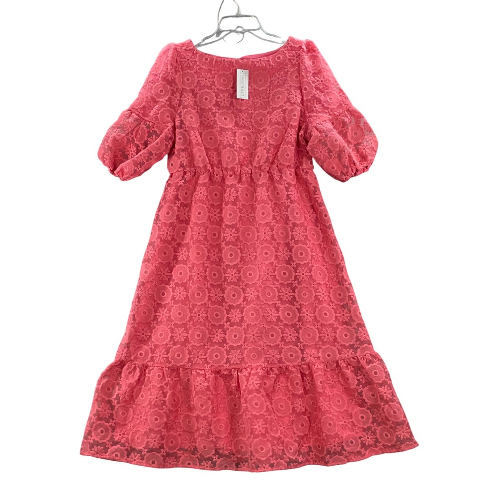 Sweet Salt Midi Dress Women Small Pink Floral Eyelet Embroidered Puff Sleeve New